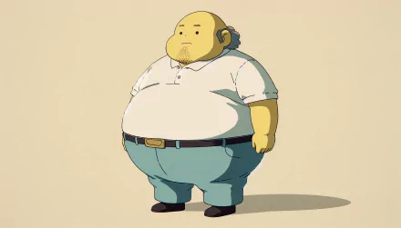 A colorful HD desktop wallpaper featuring a cartoon character with a round body, wearing a white polo shirt and blue pants, standing against a simple light background.
