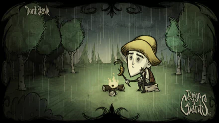A character from the video game Don't Starve sits by a campfire in a dark, rain-soaked forest, surrounded by trees, in this HD desktop wallpaper.