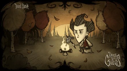 A character from the video game Don't Starve sits by a campfire in a stylized, eerie landscape, surrounded by trees as the sun sets in the background.