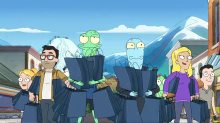 A vibrant scene from the TV show Solar Opposites, featuring colorful characters walking through a town with mountains in the background, showcasing the show's unique animated style.
