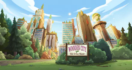 A vibrant scene from the TV show Solar Opposites, depicting Wooden City with towering buildings and lush greenery under a blue sky, serving as an engaging HD desktop wallpaper.