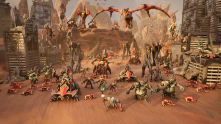 A stunning HD desktop wallpaper from the video game Stormgate, featuring a dynamic scene with various mythical creatures and a battle-ready landscape, full of vibrant detail and action.