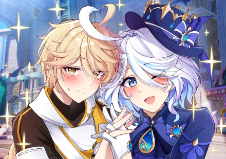 HD PC desktop wallpaper featuring Furina and Aether from Genshin Impact, showcasing a vibrant girl and boy in detailed fantasy attire with a glowing, magical city backdrop.