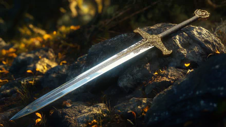 A legendary sword rests on a rocky surface, illuminated by soft, warm light, evoking a fantasy atmosphere. This HD wallpaper captures a moment of mythical allure.