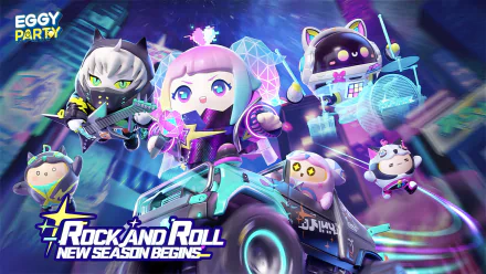 HD wallpaper featuring vibrant characters from the video game Eggy Party, showcasing a lively scene of fun and excitement in a neon-lit environment with a Rock and Roll theme.