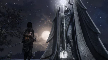 A striking HD desktop wallpaper featuring a statue inspired by the video game The Elder Scrolls V: Skyrim, capturing the game's epic fantasy aesthetic.