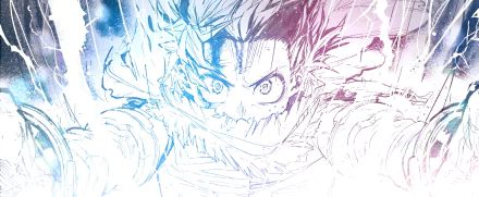 HD anime desktop wallpaper featuring a dynamic, sketch-style close-up of Izuku Midoriya from My Hero Academia with vibrant blue and pink accents.