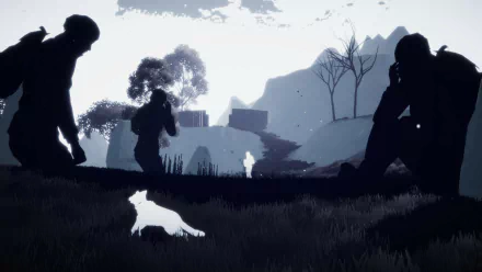 A captivating HD wallpaper from the video game Farewell North, featuring silhouetted figures in a serene landscape with a white fox, evoking a sense of mystery and exploration.