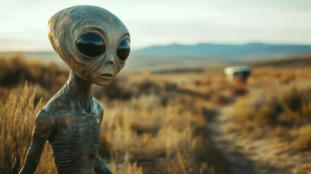 A captivating HD desktop wallpaper featuring an alien encounter in a desolate landscape, highlighting an extraterrestrial figure with large eyes against a vast backdrop.