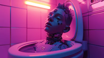A futuristic robotic figure emerges from a toilet in a vibrant, neon-lit bathroom, creating a striking skibidi toilet-inspired HD desktop wallpaper.