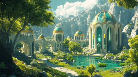 A breathtaking elven city with golden-domed architecture nestled among lush greenery and serene waters, set against majestic mountains in a vibrant fantasy landscape.