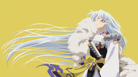 High-resolution 8K Ultra HD anime wallpaper featuring Sesshōmaru from InuYasha, showcasing his flowing white hair and traditional attire against a yellow background.