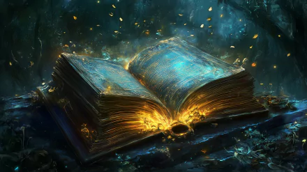 A mystical open spellbook glows with golden light, surrounded by floating leaves in a dreamy forest setting, creating a captivating fantasy scene for HD wallpaper.