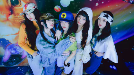 HD desktop wallpaper featuring NewJeans, showcasing their vibrant music aesthetic. A dynamic background for fans of the group and music enthusiasts.