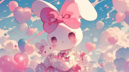 A vibrant HD wallpaper featuring My Melody from Onegai My Melody, showcasing her cute, bunny-like figure surrounded by pink hearts and fluffy clouds in a cheerful sky.