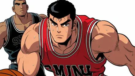 Anime-inspired HD desktop wallpaper featuring Takenori Akagi from Slam Dunk, showcasing his intense determination and athleticism on the basketball court.