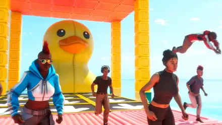 A vibrant HD desktop wallpaper featuring characters from a video game racing toward a giant inflatable duck, showcasing dynamic movement and a colorful backdrop.
