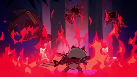 A dynamic HD desktop wallpaper featuring characters from the video game Cult of the Lamb, showcasing a character wielding a sword amid fiery backgrounds and shadowy figures.