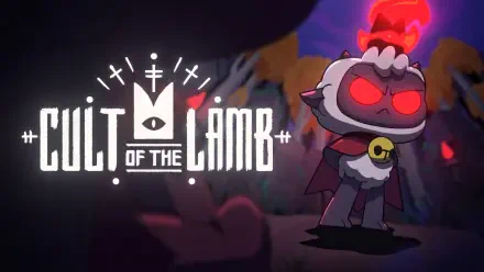HD PC desktop wallpaper featuring the dark, stylized character from the video game Cult of the Lamb with glowing red eyes and a fiery aura.