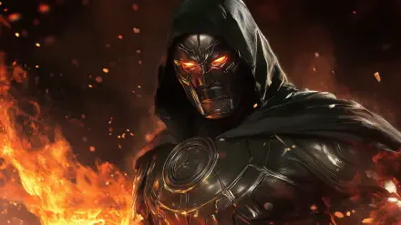 A striking HD desktop wallpaper featuring Doctor Doom, surrounded by flames, showcasing his metallic armor and glowing orange eyes, emblematic of his formidable presence.