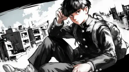HD wallpaper featuring Shigeo Kageyama from Mob Psycho 100, sitting contemplatively against an urban backdrop with a striking black and white aesthetic.