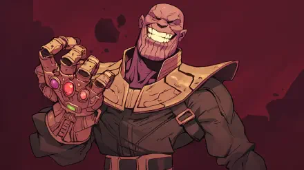 A dynamic comic-style illustration of Thanos, featuring his iconic Infinity Gauntlet. This HD desktop wallpaper showcases the character's menacing grin against a bold background.
