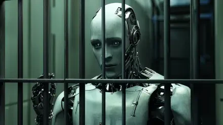 A striking HD desktop wallpaper featuring a robot imprisoned in a jail setting, combining technology and confinement in a visually engaging way.