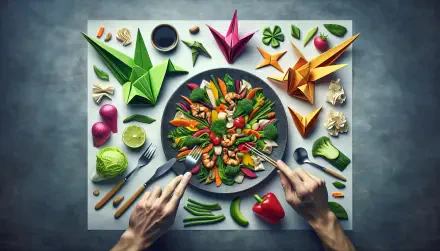 A vibrant stir-fry spreads across a dark plate, surrounded by colorful vegetables and origami creations, creating a stunning HD desktop wallpaper and background.
