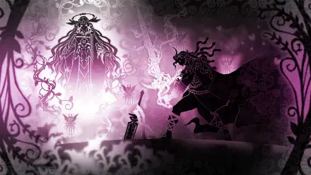 An HD wallpaper from the video game Visions of Mana, featuring a dramatic scene with a cloaked figure confronting a mystical being amidst intricate designs in shades of purple.