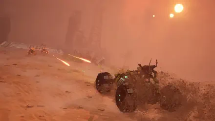 A dynamic HD wallpaper from the video game Akimbot features an intense scene of an all-terrain vehicle racing through a sandy landscape under a dramatic orange sky.