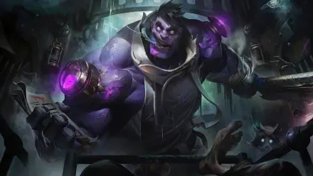 An 8K Ultra HD wallpaper featuring Dr. Mundo from League of Legends, showcasing his imposing figure and vibrant colors in a dramatic, moody setting.