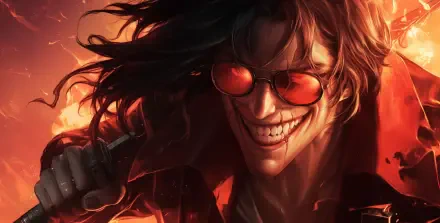 A dynamic HD wallpaper featuring Alucard from Hellsing, showcasing his signature smile and sunglasses against a fiery background.