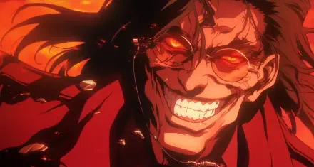 A dramatic HD wallpaper featuring Alucard from Hellsing, his menacing grin and fiery background capturing the essence of this iconic anime character.