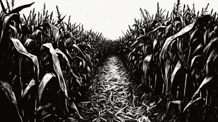 A striking black and white image of a corn maze, designed as an HD desktop wallpaper and background, showcasing intricate pathways amidst towering corn stalks.