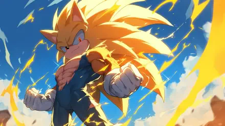 Vibrant HD wallpaper featuring Sonic the Hedgehog in Super Sonic form alongside imagery inspired by Super Saiyan from Dragon Ball Z, blending iconic video game and anime elements.
