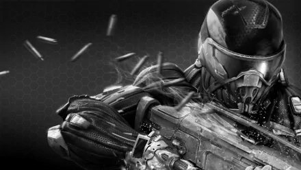 Monochrome HD PC desktop wallpaper of a Crysis 2 soldier in a nanosuit aiming an assault rifle as bullets fly past, with a hexagonal patterned background.