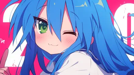 A vibrant HD desktop wallpaper featuring Konata Izumi from the anime Lucky Star, showcasing her playful wink and bright blue hair against a cheerful pink background.