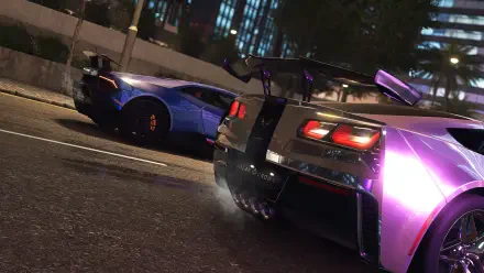 A dynamic HD wallpaper featuring two sleek cars from the game Test Drive Unlimited Solar Crown, showcasing vibrant colors and detailed design against a city backdrop.