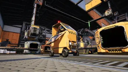 An engaging HD wallpaper from the video game Satisfactory, featuring a small yellow vehicle in a dynamic industrial setting with machinery and a futuristic environment.
