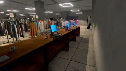 A detailed HD PC desktop wallpaper showcasing a virtual retail environment from the video game Mannequin (2024), featuring clothes racks and computer stations in a modern space.