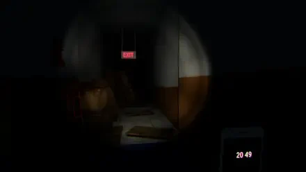 A dark, atmospheric scene from the video game Mannequin (2024), featuring a dimly lit hallway with an exit sign, creating a sense of tension and mystery. HD PC desktop wallpaper.