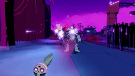 Vibrant scene from the video game Wild Bastards, showcasing intense action in a colorful, futuristic environment. 4K Ultra HD quality enhances the dynamic visuals.