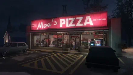 A vibrant HD wallpaper featuring Moe's Pizza shop from the video game Fears to Fathom - Woodbury Getaway, illuminated at night with a classic storefront design.