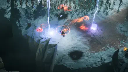 A high-definition wallpaper from the video game Jotunnslayer: Hordes of Hel, featuring dynamic lightning effects and a character amidst an otherworldly landscape.