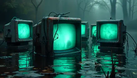A collection of CRT monitors partially submerged in water, glowing with a vibrant green light, set against a misty forest backdrop. 4K Ultra HD desktop wallpaper and background.