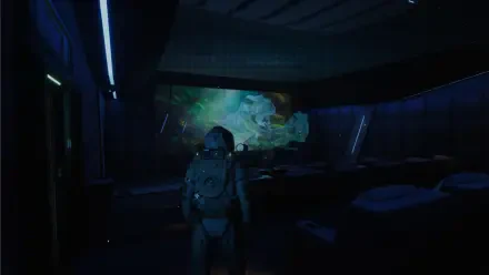 A futuristic astronaut stands in a dimly lit room, facing a vibrant display of digital graphics, embodying the immersive experience of the video game EVOTINCTION.
