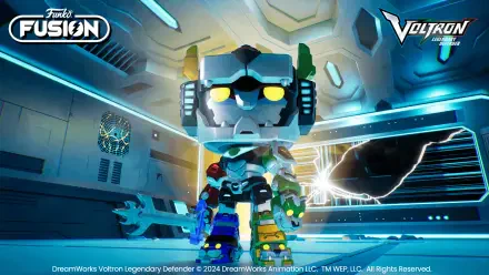 A vibrant HD wallpaper featuring a Funko Fusion character inspired by Voltron, standing confidently in a futuristic setting with vibrant colors and dynamic lighting.