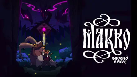 HD wallpaper for the video game Marko: Beyond Brave, featuring vibrant colors and mystical elements, showcasing the main character and a mysterious entity in an enchanting forest setting.