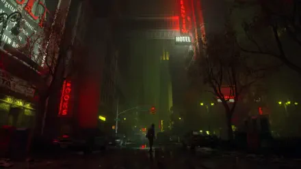 Alan Wake 2 2K Quad HD PC desktop wallpaper: lone figure walks a rain-soaked, neon-lit city street toward a glowing Hotel sign beneath oppressive greenish fog — moody psychological-horror scene.