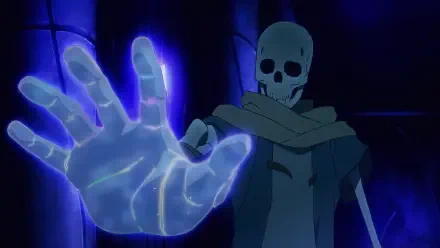 A captivating HD desktop wallpaper featuring a skeletal character from the anime The Unwanted Undead Adventurer, showcasing a glowing blue hand against a dark background.